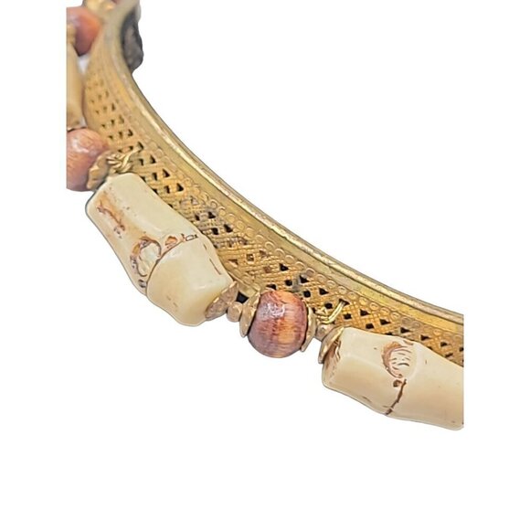 Miriam Haskell Rare Hinged Clamper Bangle Bracelet Resin Bamboo Wood Beads 6.5" - Picture 11 of 14